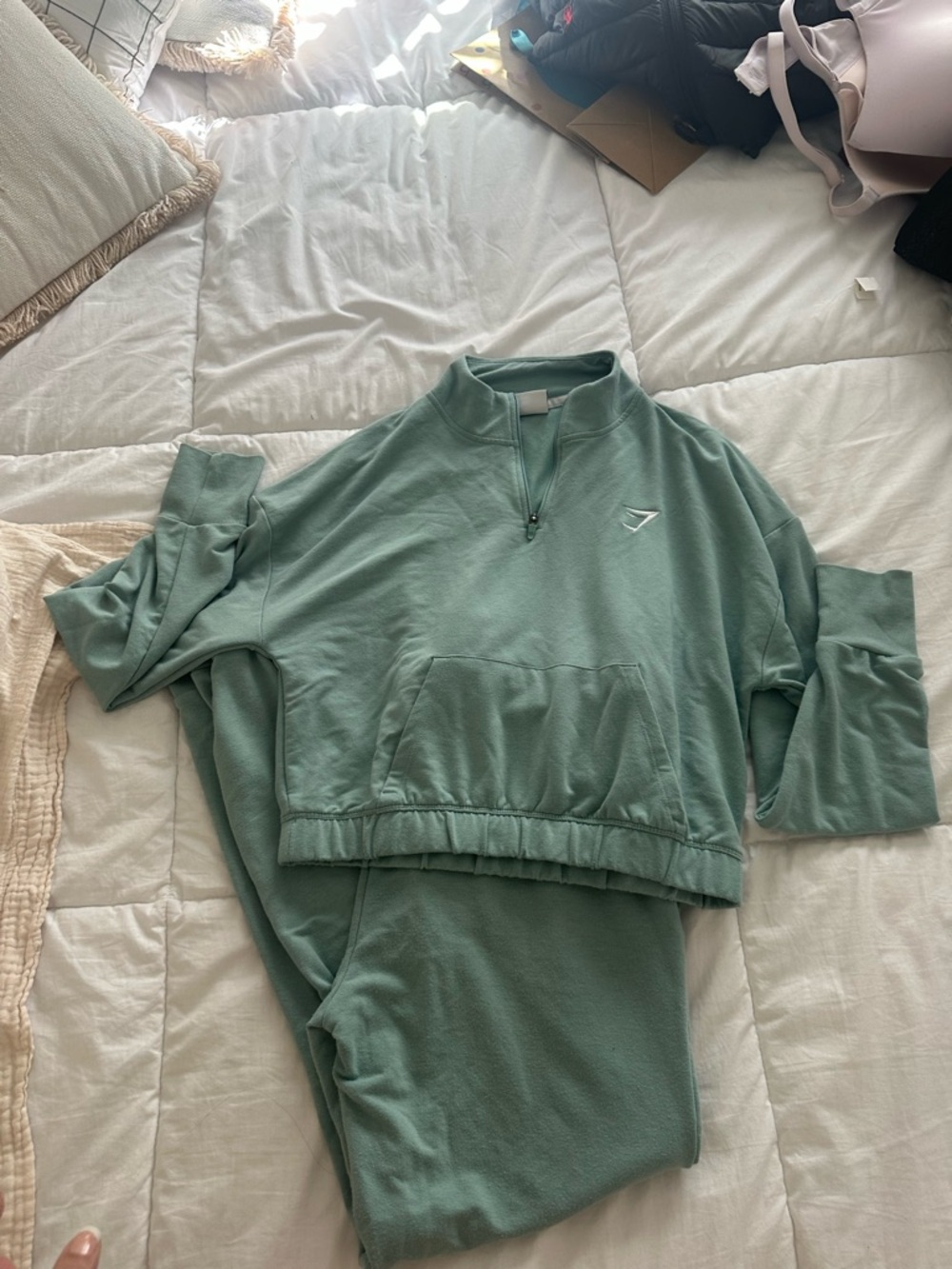 Gymshark Mint Sage Half-Zip Pullover and joggers size M